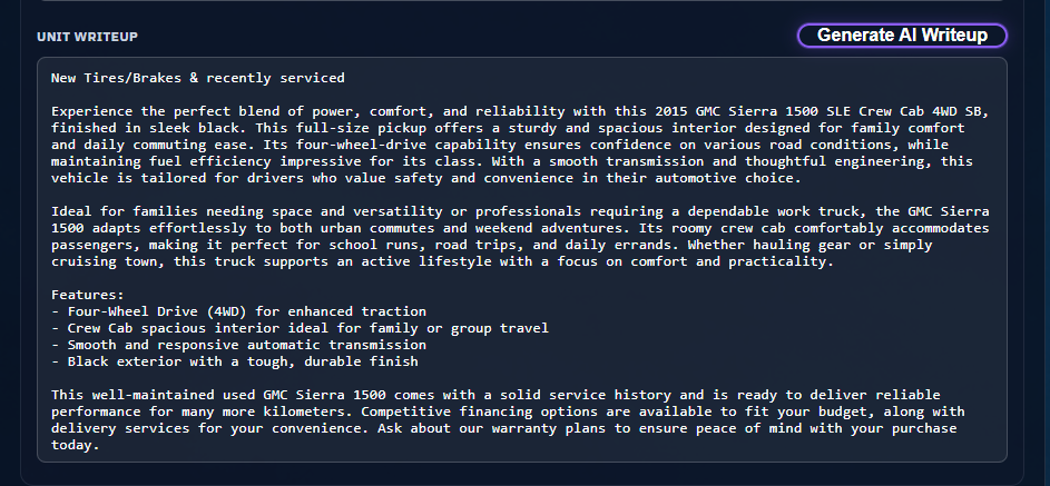 AI vehicle description generator for automotive SEO listings