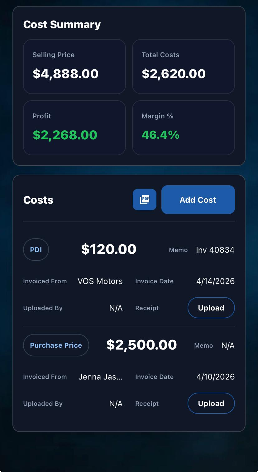 Mobile cost management workflow showing unit profitability