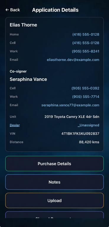 Mobile automotive CRM workflow showing customer deal status
