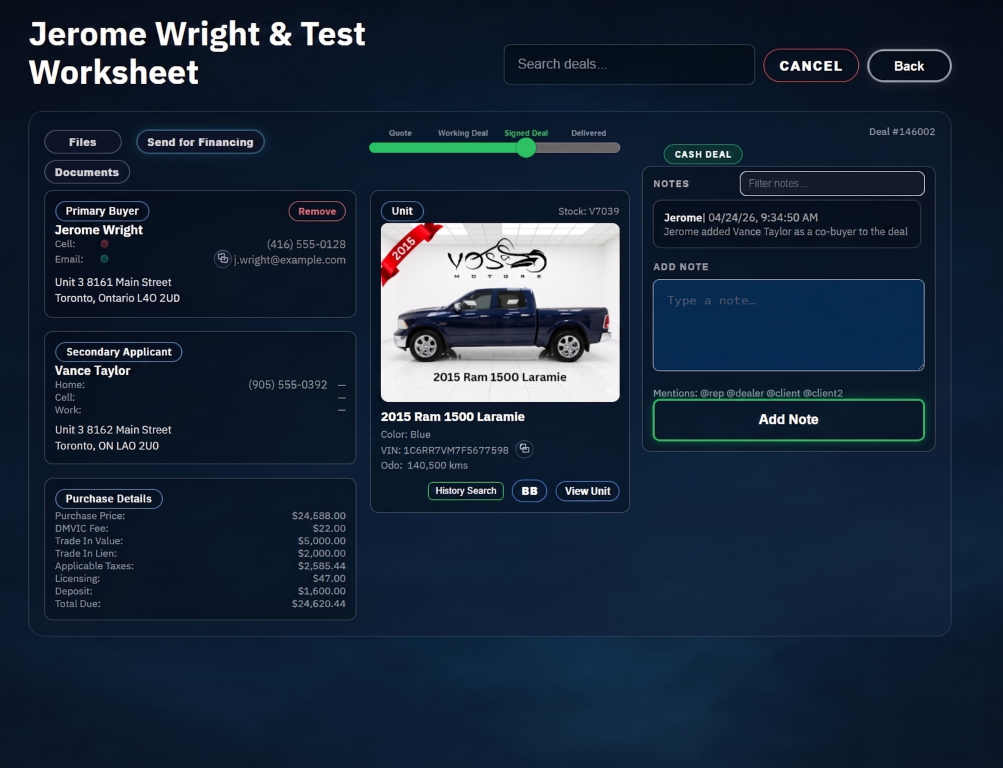 Dealer deal management software showing deal workflow