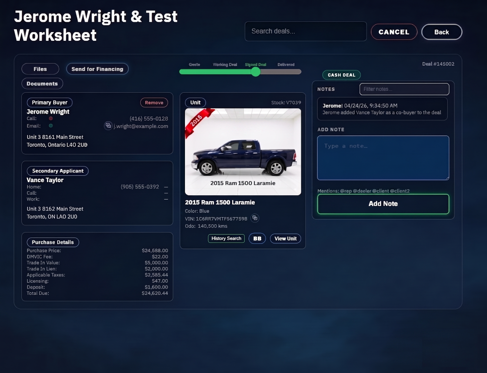 Dealer dashboard showing deal management workflow