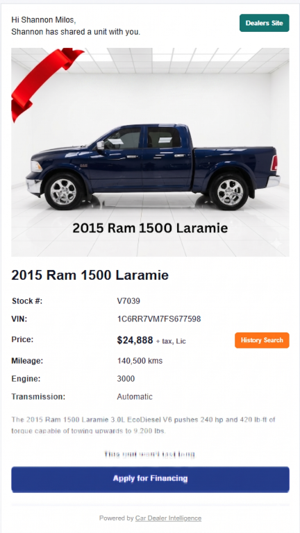 Customer email sales sheet generated from vehicle inventory