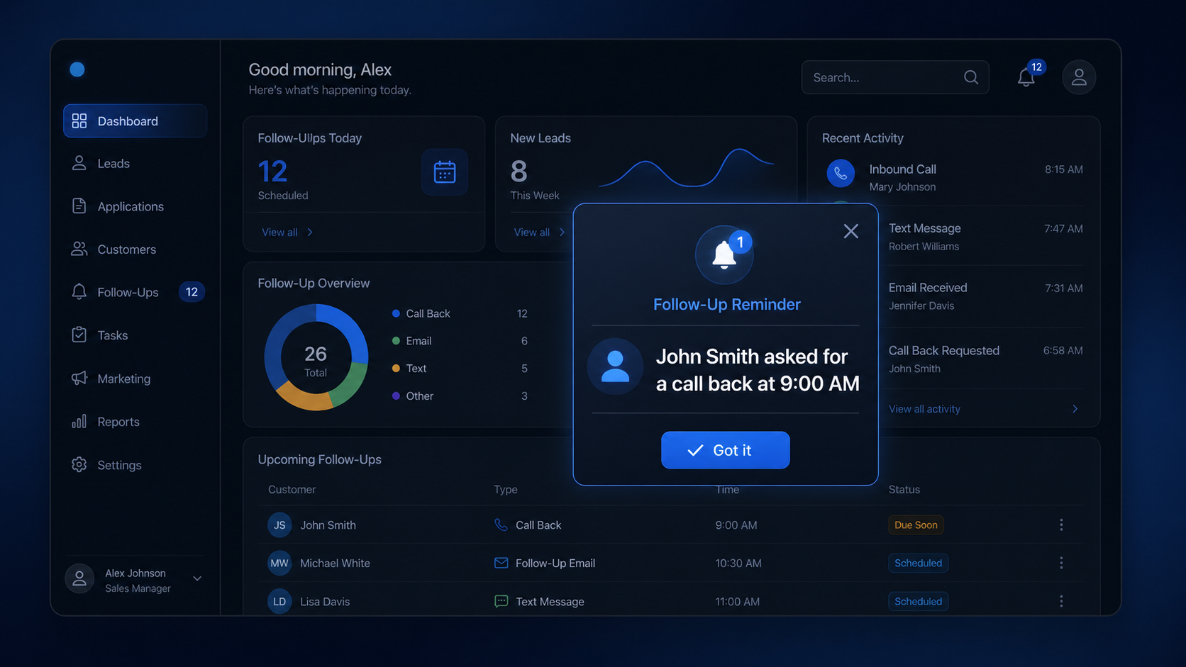 Customer communication tracking and follow-up scheduling dashboard