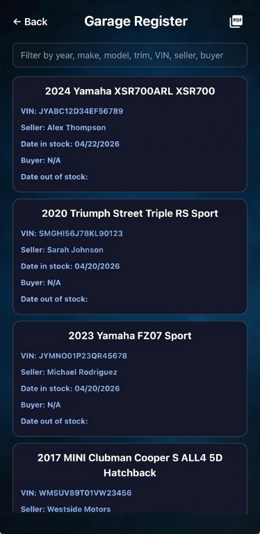 Mobile dealer compliance system for garage register tracking