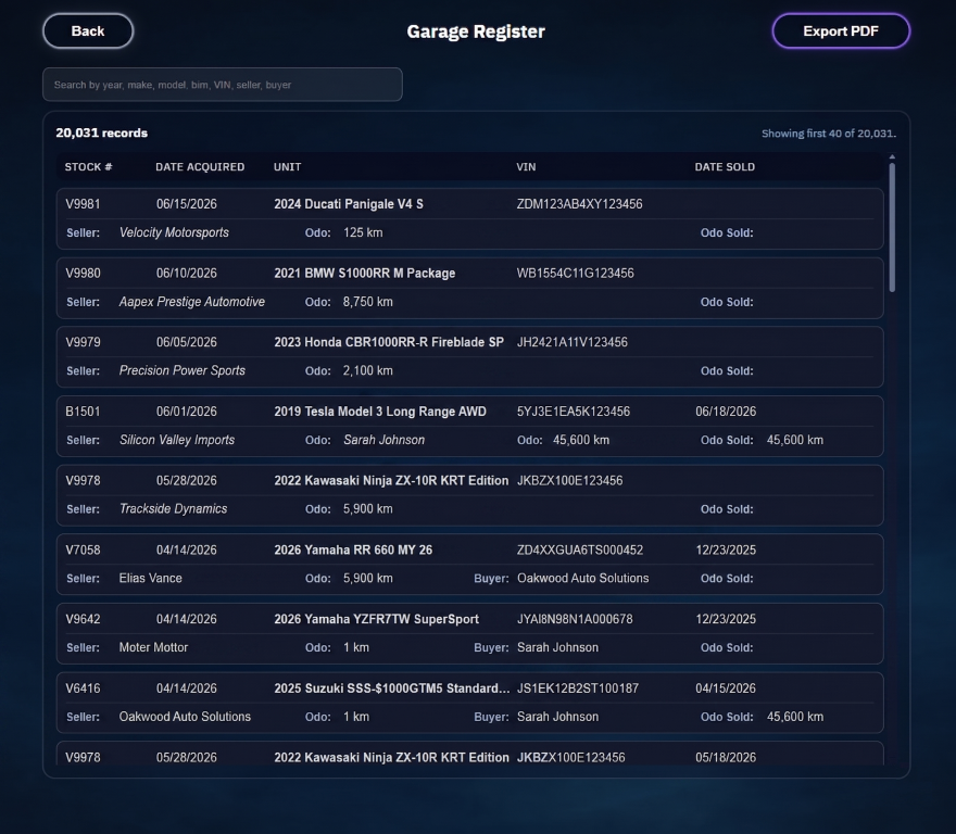 Garage register software showing dealer compliance records