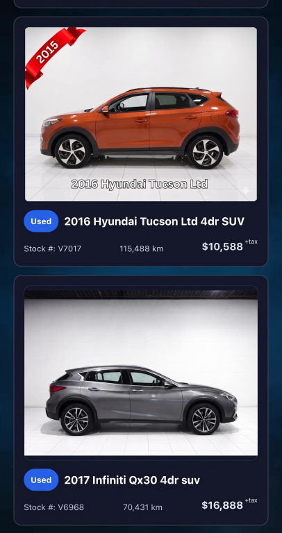 Mobile automotive inventory system showing vehicle listings