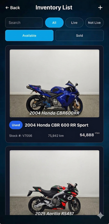 Mobile motorcycle inventory management list