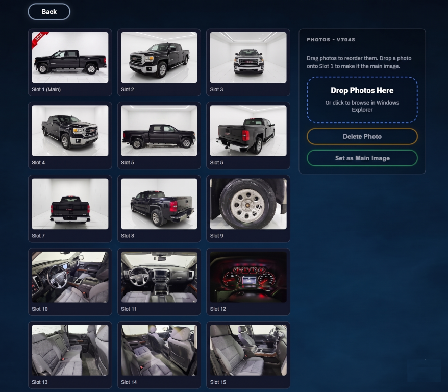 Inventory media management dashboard with organized vehicle photos