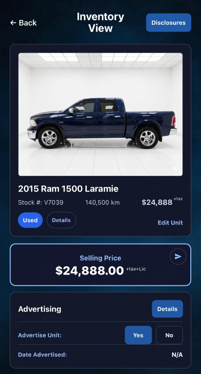Mobile unit view for sharing vehicle details with customers