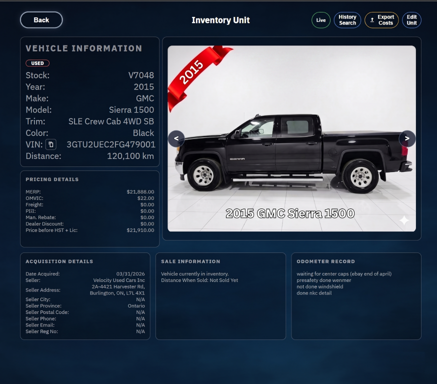 Interactive unit page connected to live dealer inventory