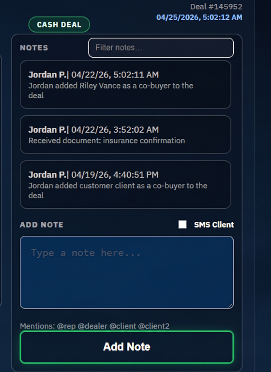 Dealer texting software with notes and customer messaging