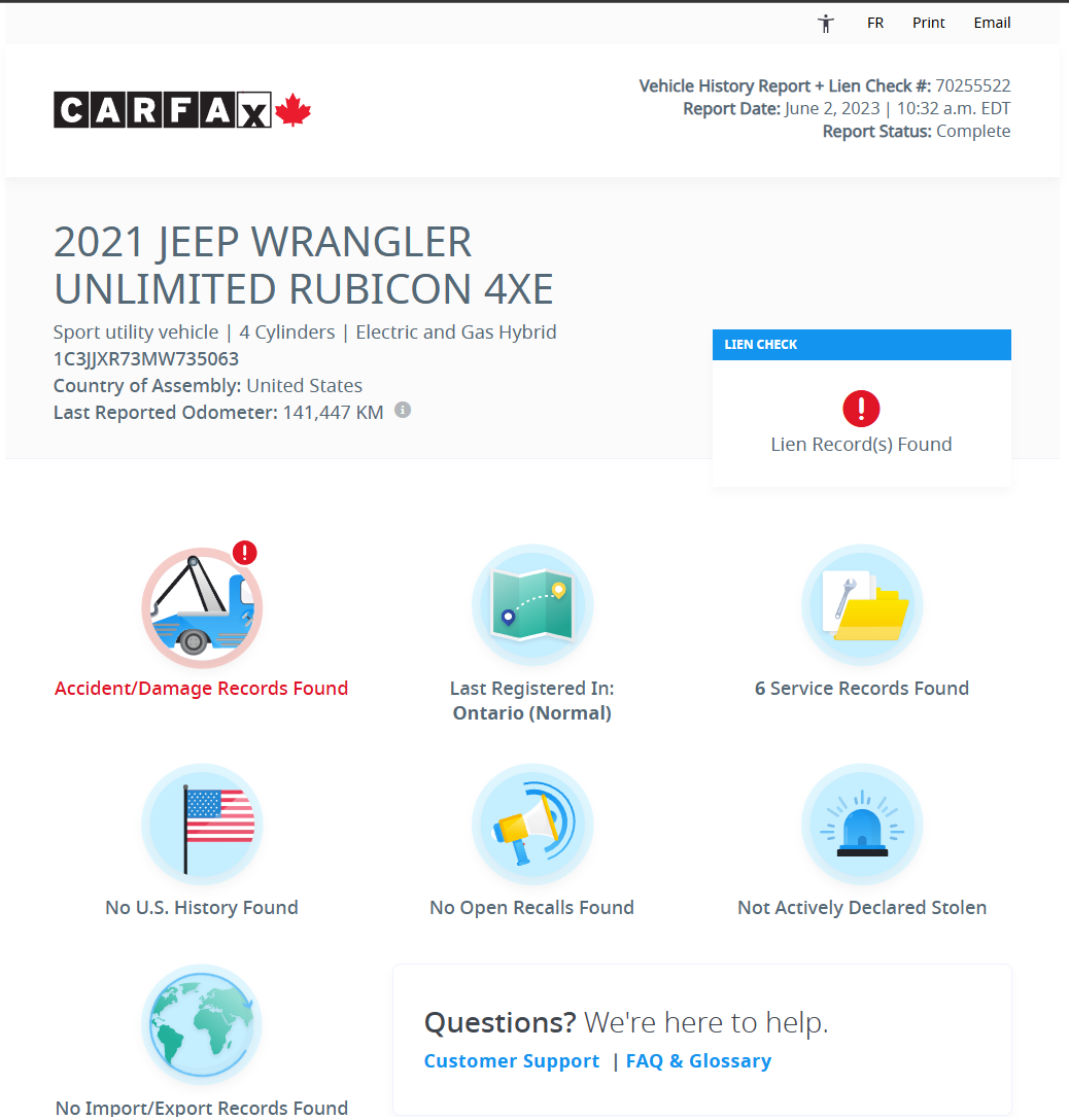 CARFAX Canada sample vehicle history report preview