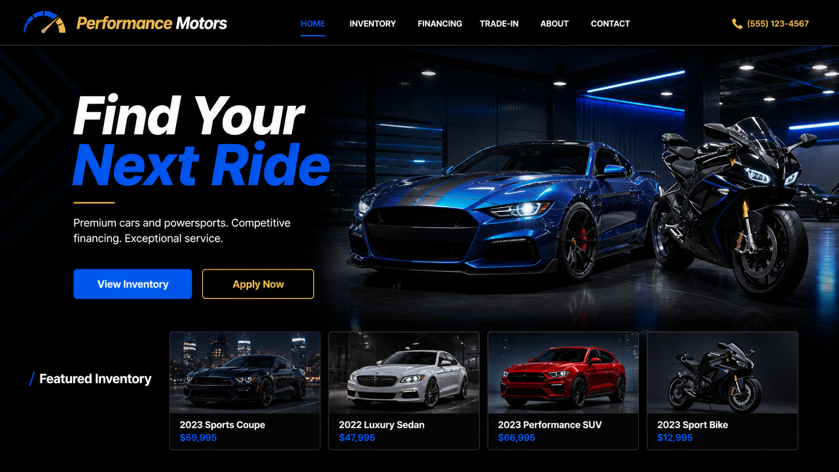 Performance dealership website hero concept with dark showroom, vehicle photography, inventory cards, and application CTA